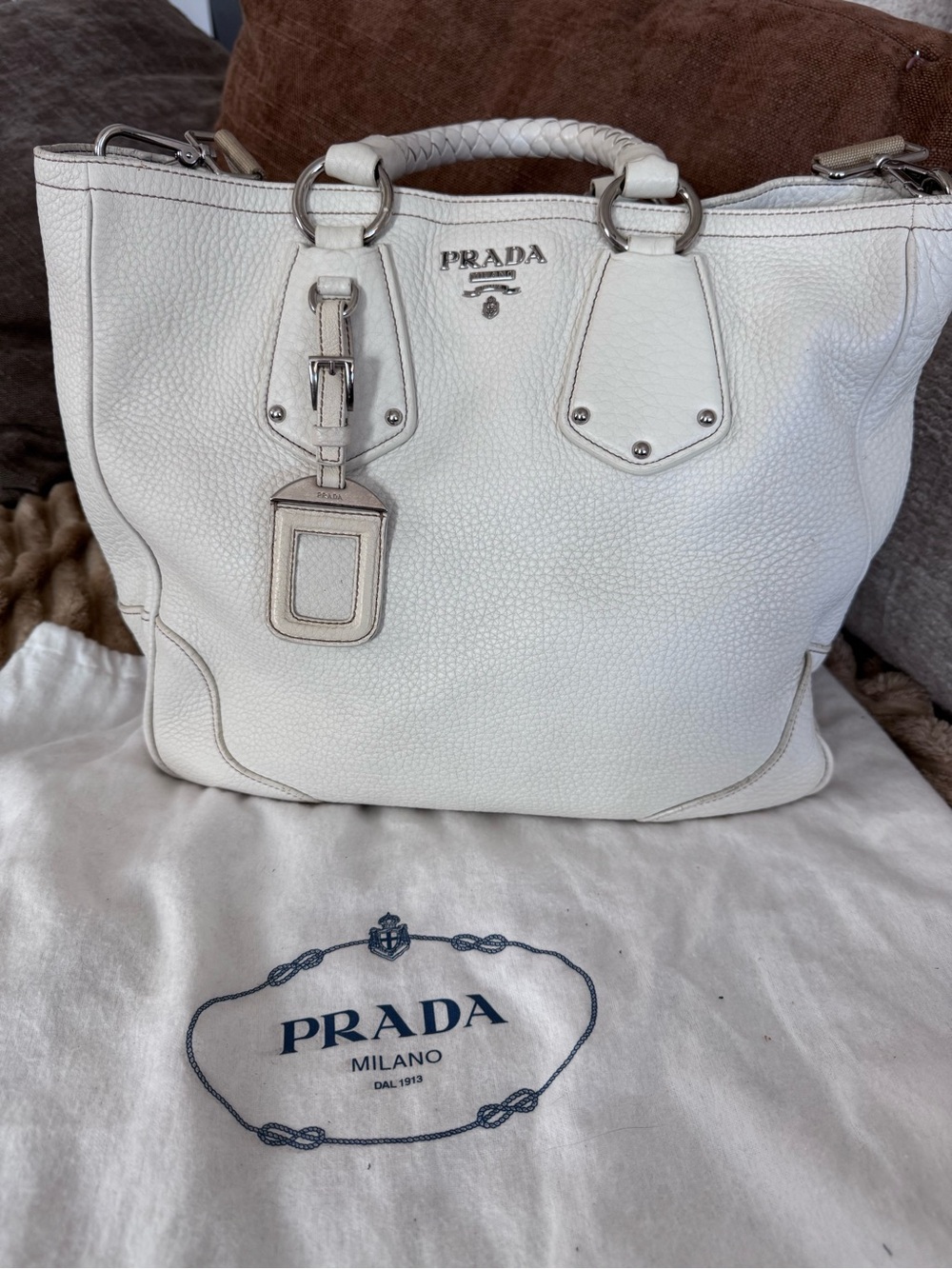 Vintage Prada Vitello Daino Braided Tote Bag Cream & Beige with Crossbody Strap